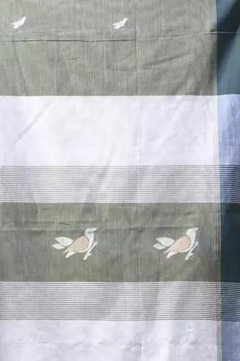 green cotton blend saree with bird motifs