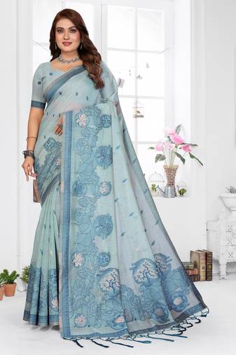blue jacquard cotton blend saree with blouse 