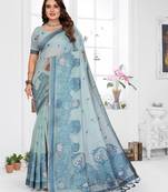 blue jacquard cotton blend saree with blouse 