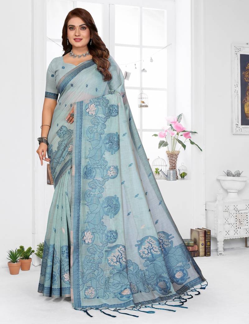 blue jacquard cotton blend saree with blouse 