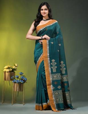 teal cotton blend saree with ethnic motifs 1