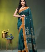 teal cotton blend saree with ethnic motifs