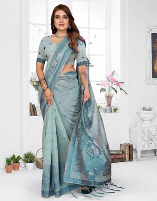 blue jacquard cotton blend saree with blouse  2