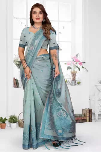 blue jacquard cotton blend saree with blouse 