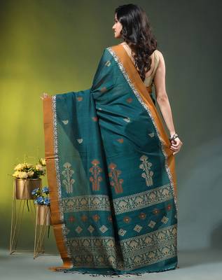 teal cotton blend saree with ethnic motifs 3