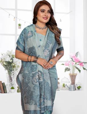 blue jacquard cotton blend saree with blouse  3