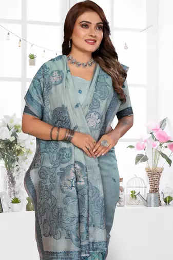 blue jacquard cotton blend saree with blouse 