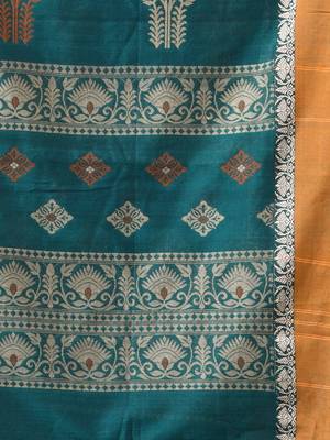 teal cotton blend saree with ethnic motifs 4
