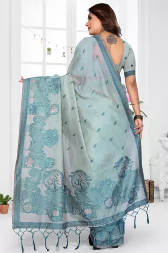 blue jacquard cotton blend saree with blouse 