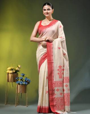 beige cotton blend saree with ethnic motifs 1