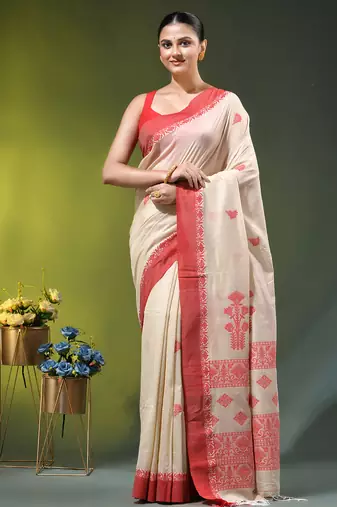 beige cotton blend saree with ethnic motifs
