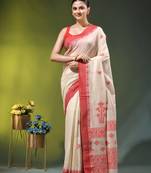 beige cotton blend saree with ethnic motifs