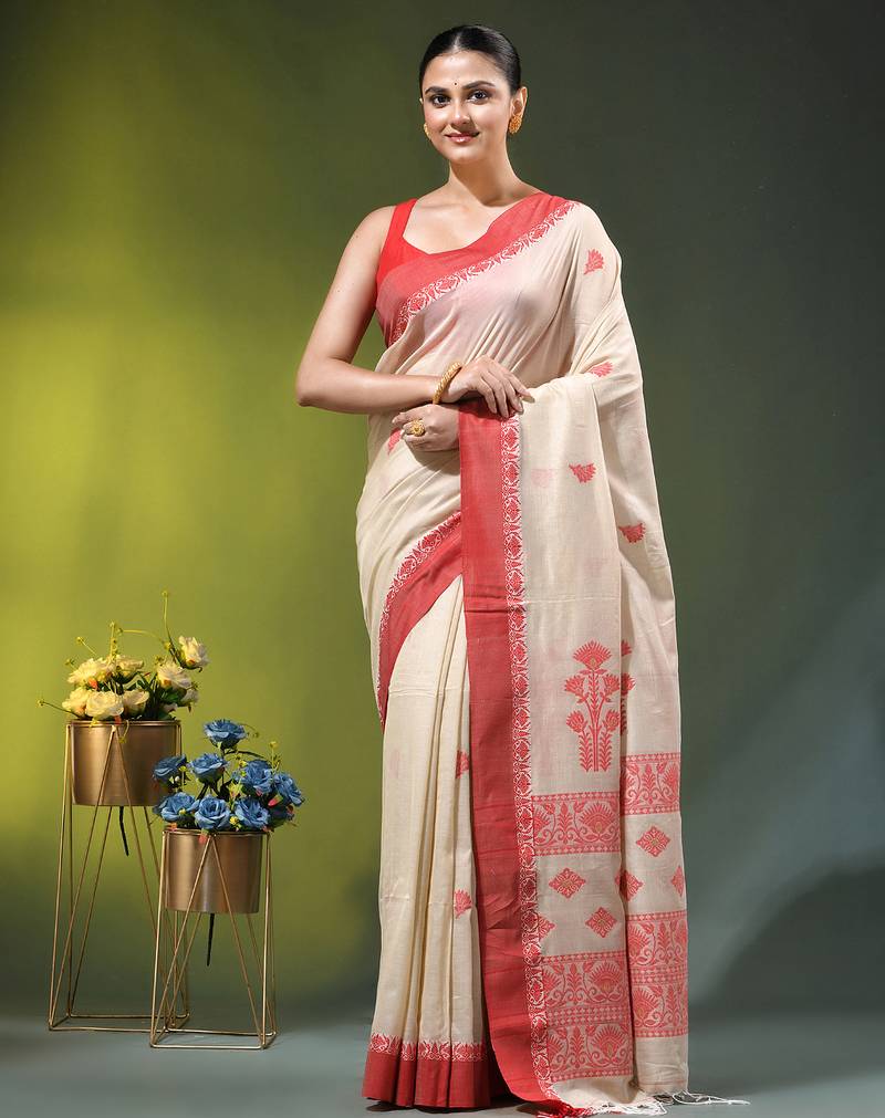 beige cotton blend saree with ethnic motifs