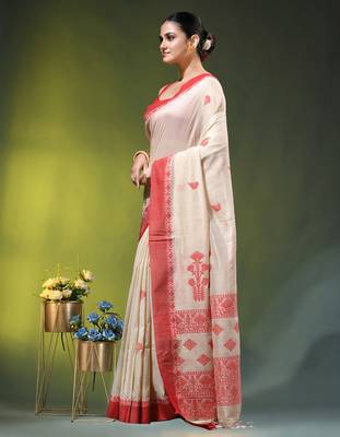 beige cotton blend saree with ethnic motifs 2