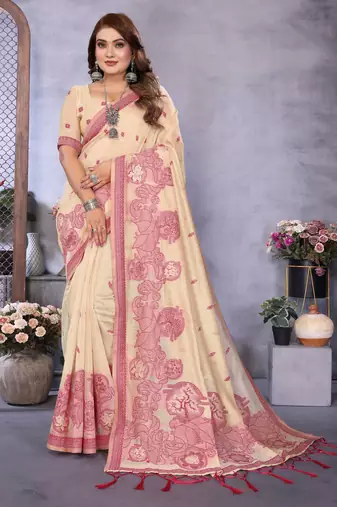 beige jacquard cotton blend saree with blouse 