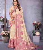 beige jacquard cotton blend saree with blouse 