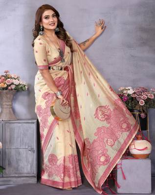 beige jacquard cotton blend saree with blouse  2