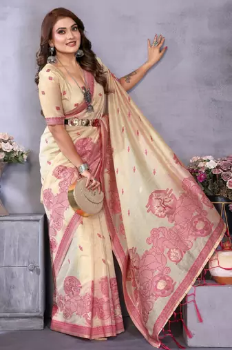 beige jacquard cotton blend saree with blouse 