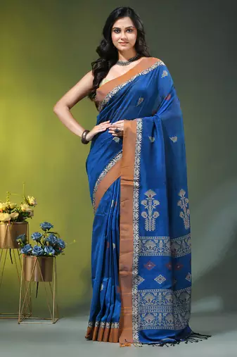 blue cotton blend saree with ethnic motifs