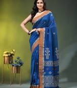 blue cotton blend saree with ethnic motifs