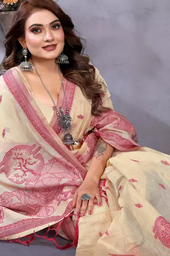 beige jacquard cotton blend saree with blouse 
