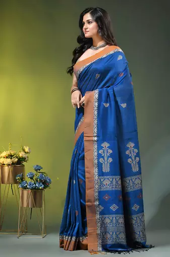 blue cotton blend saree with ethnic motifs