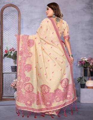 beige jacquard cotton blend saree with blouse  4