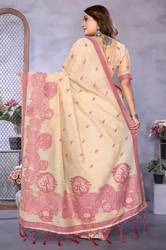 beige jacquard cotton blend saree with blouse 