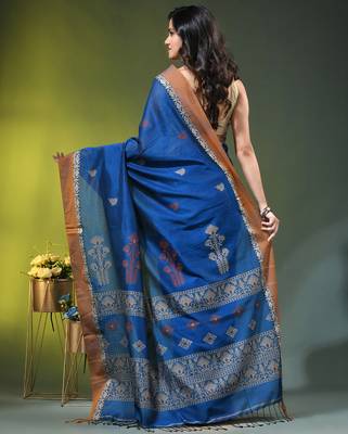blue cotton blend saree with ethnic motifs 3