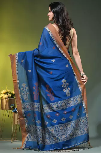 blue cotton blend saree with ethnic motifs