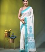 off white cotton blend saree with ethnic motifs