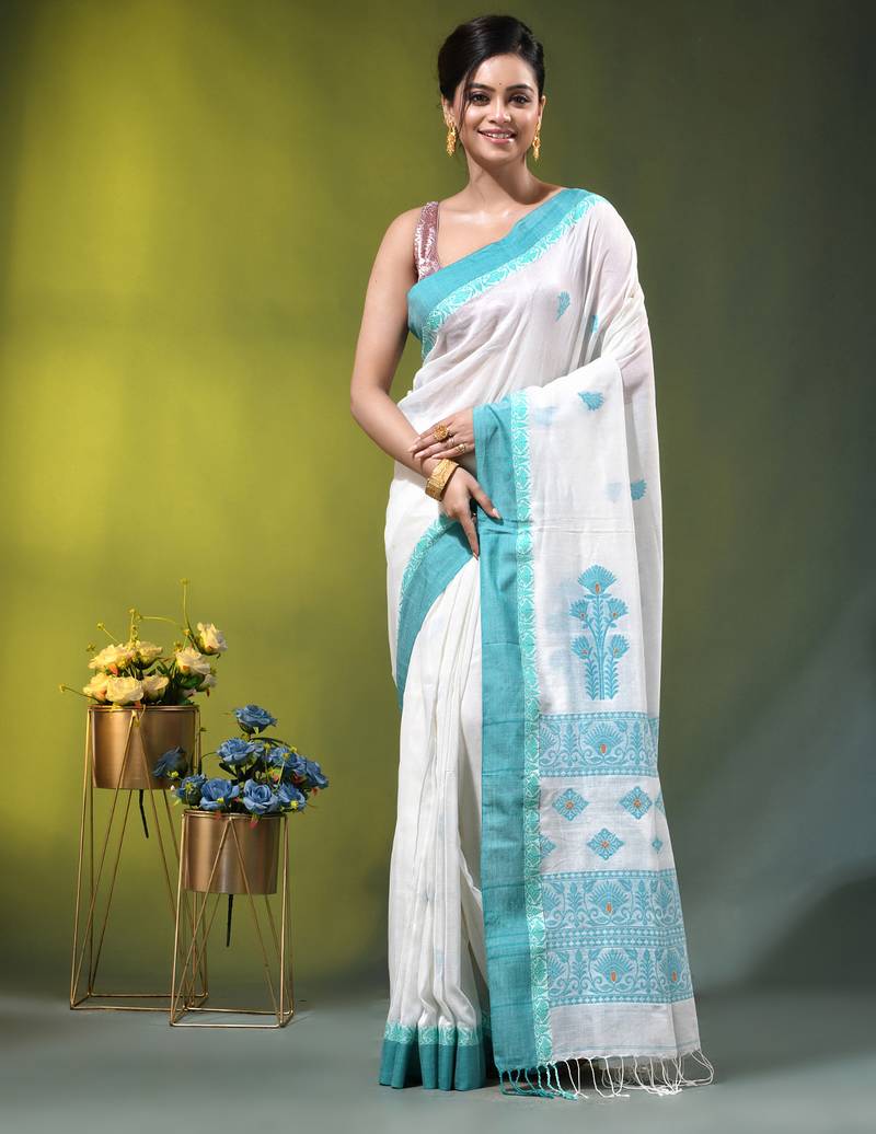 off white cotton blend saree with ethnic motifs