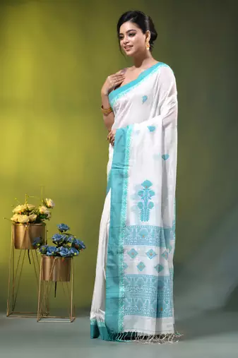 off white cotton blend saree with ethnic motifs