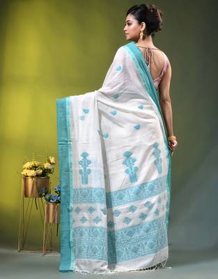 off white cotton blend saree with ethnic motifs 3
