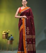 maroon cotton blend saree with ethnic motifs