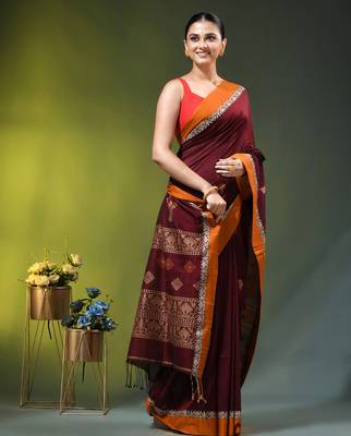 maroon cotton blend saree with ethnic motifs 2