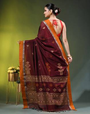 maroon cotton blend saree with ethnic motifs 3