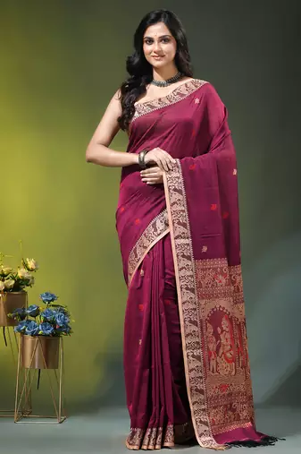 magenta cotton blend saree with floral motifs