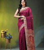 magenta cotton blend saree with floral motifs