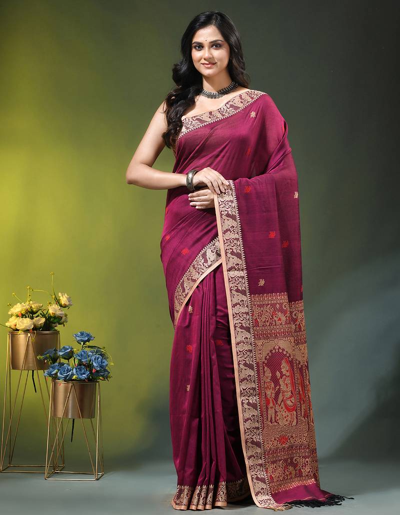 magenta cotton blend saree with floral motifs