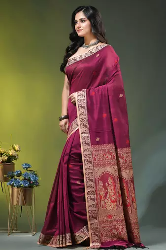 magenta cotton blend saree with floral motifs
