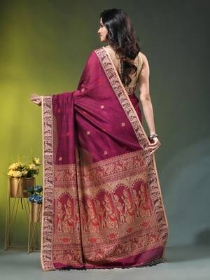 magenta cotton blend saree with floral motifs 3