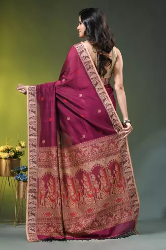 magenta cotton blend saree with floral motifs
