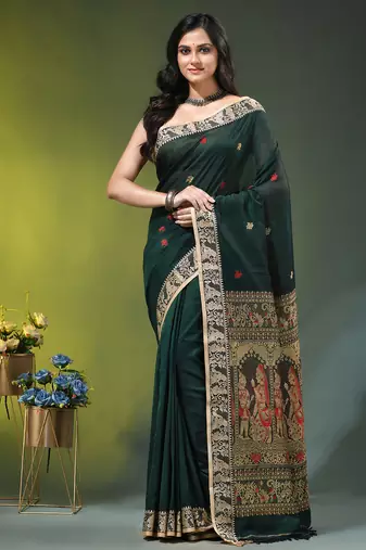 green cotton blend saree with floral motifs