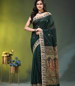 green cotton blend saree with floral motifs