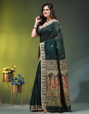 green cotton blend saree with floral motifs 2