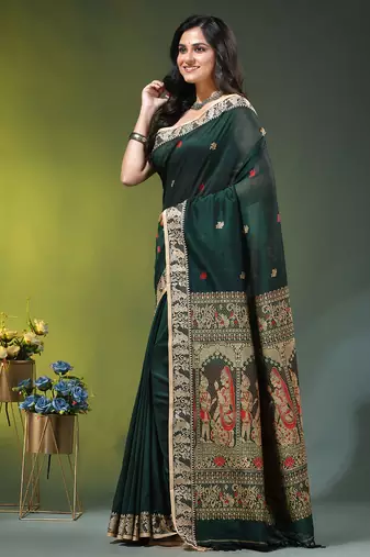 green cotton blend saree with floral motifs