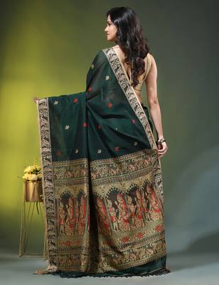 green cotton blend saree with floral motifs 3