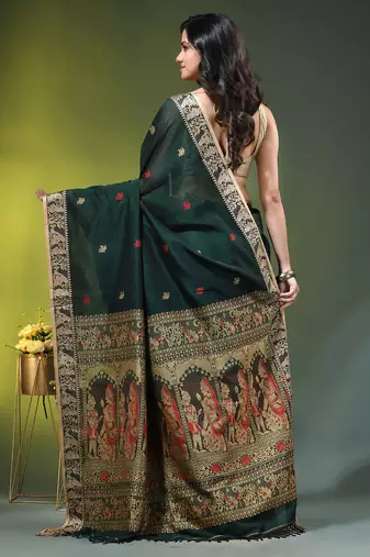 green cotton blend saree with floral motifs