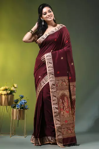 maroon cotton blend saree with floral motifs